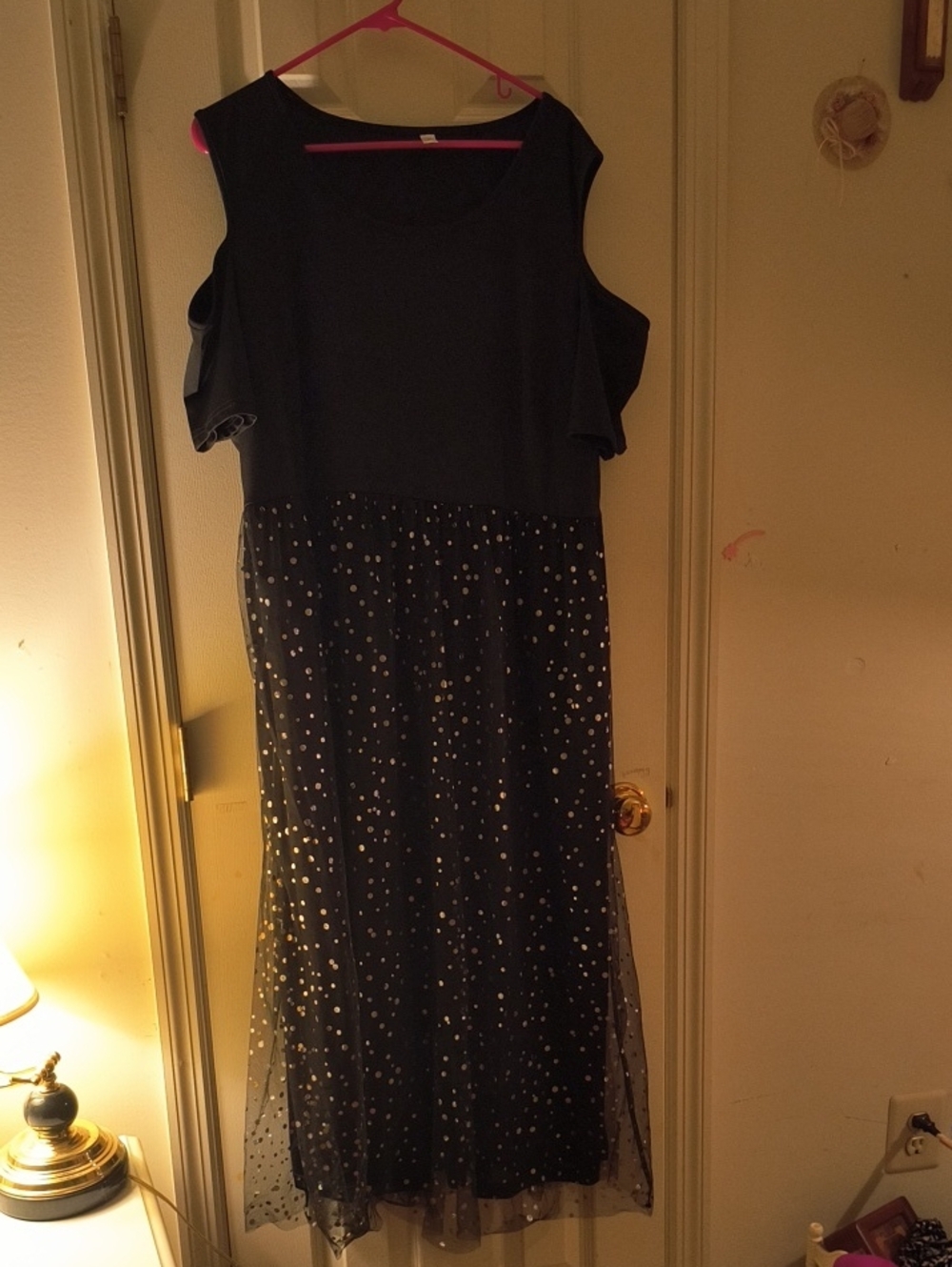 Women's Black Cold-Shoulder Polka Dot Mesh Maxi Dress